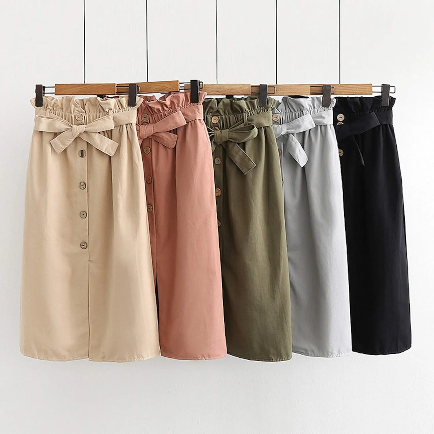 Women Summer High Waist Skirt Elegant Casual Vintage Pleated A-line Button Front Midi Skirt with Belt