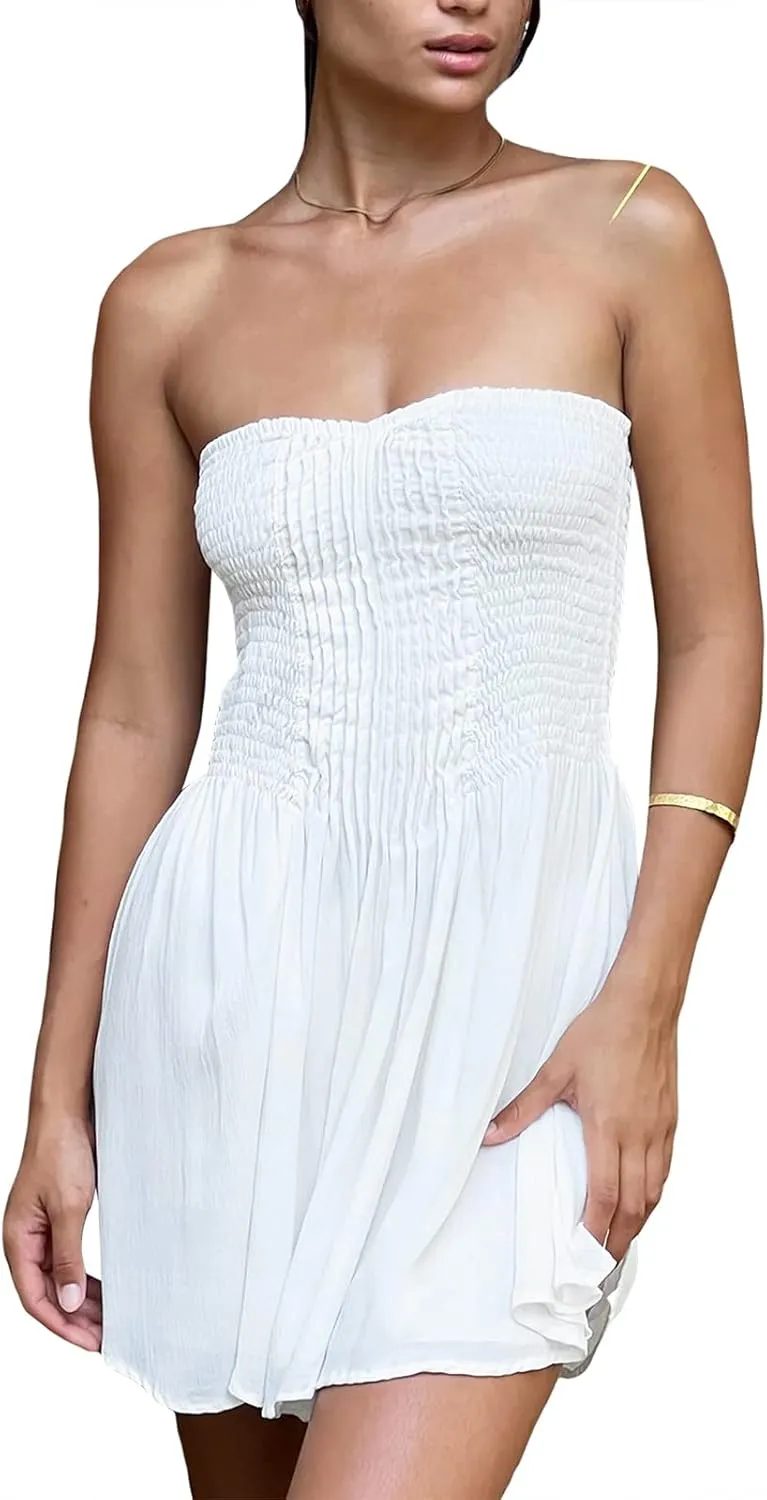Women Summer Ruffle Floral Strapless Mini Dress Y2k Casual Layered Slim Fit Short Dress Flowy Boho Beach Sundress