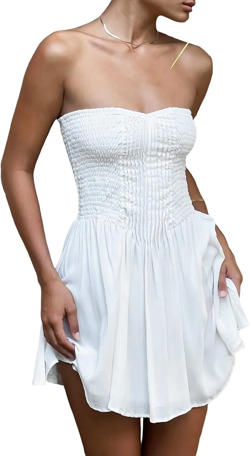 Women Summer Ruffle Floral Strapless Mini Dress Y2k Casual Layered Slim Fit Short Dress Flowy Boho Beach Sundress