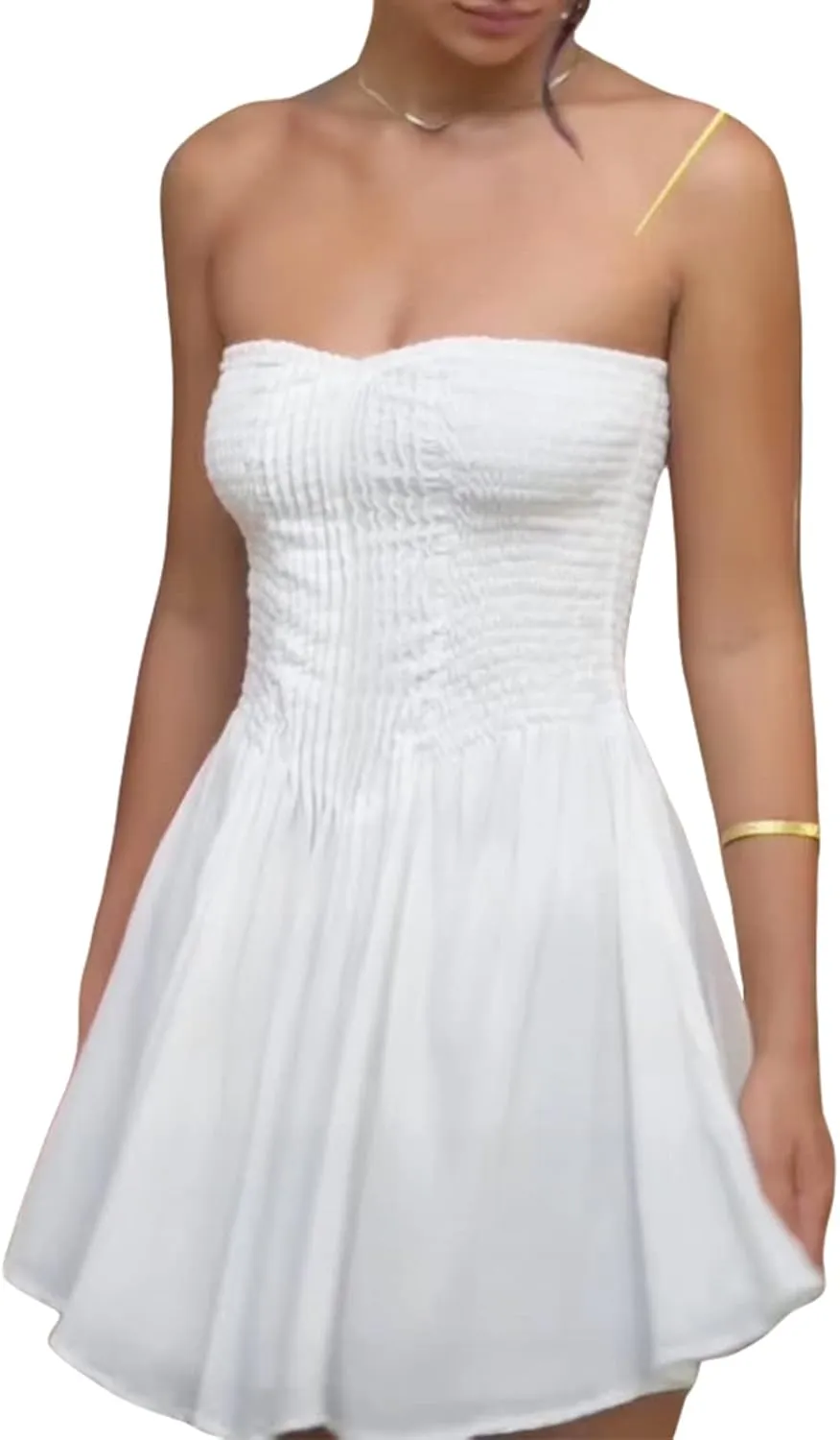 Women Summer Ruffle Floral Strapless Mini Dress Y2k Casual Layered Slim Fit Short Dress Flowy Boho Beach Sundress