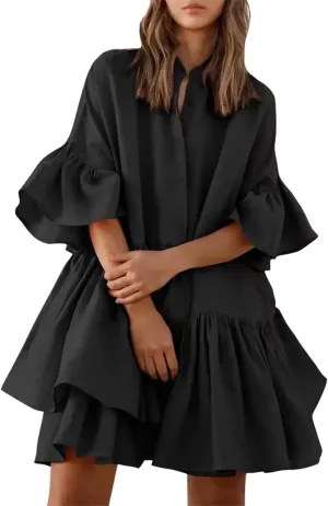 Women Tie Front Elastic Waist Tiered Ruffle Layer Floral Balloon Long Sleeve V Neck Dress Casual Skirts for Women