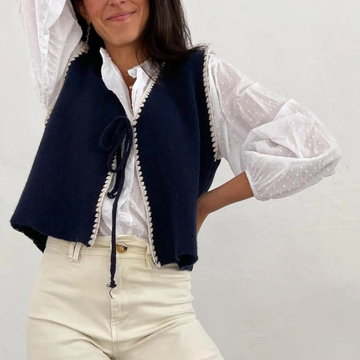 Women Tie Front Sweater Vest Y2k V Neck Sleeveless Open Front Crochet Crop Top Knitted Lace Up Vest Streetwear