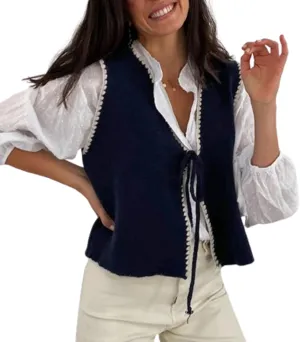 Women Tie Front Sweater Vest Y2k V Neck Sleeveless Open Front Crochet Crop Top Knitted Lace Up Vest Streetwear