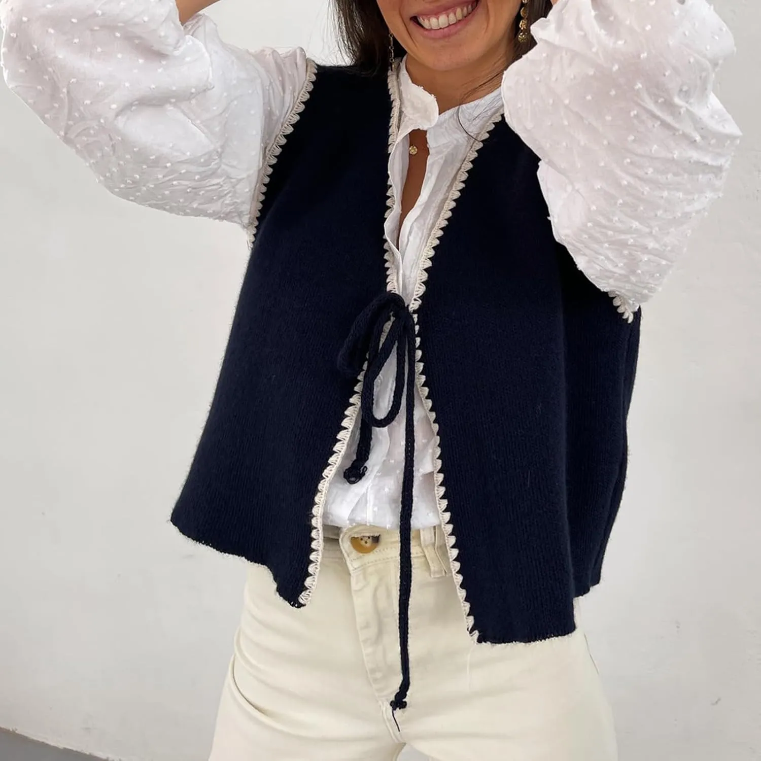 Women Tie Front Sweater Vest Y2k V Neck Sleeveless Open Front Crochet Crop Top Knitted Lace Up Vest Streetwear