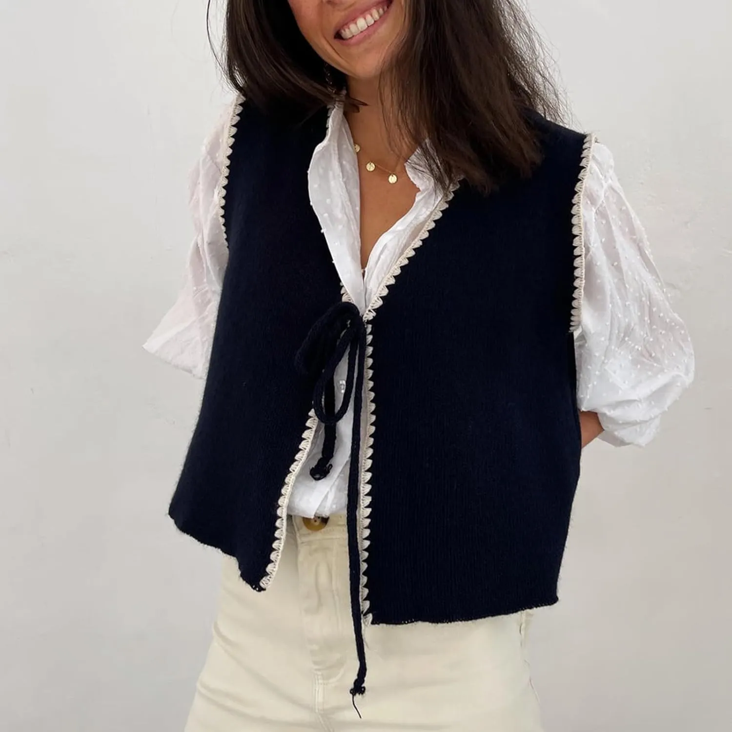 Women Tie Front Sweater Vest Y2k V Neck Sleeveless Open Front Crochet Crop Top Knitted Lace Up Vest Streetwear