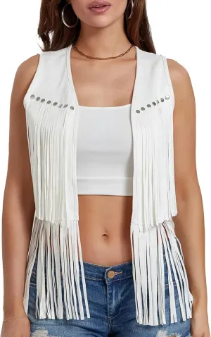 Women Vintage Western Fringe Vest Cowboy Cowgirl Clothes 70s Hippie Vest Tassel Country Concert Fringe Tops Shirts