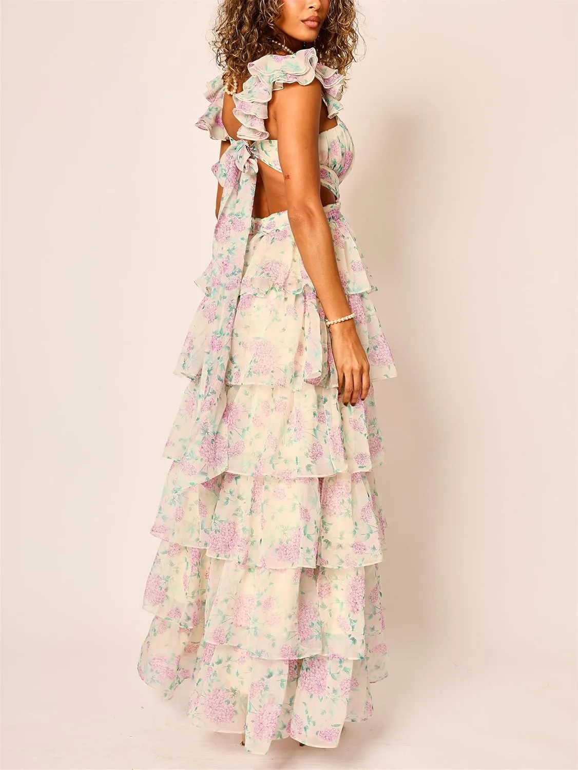 Women Y2k Boho Floral Maxi Dress Sleeveless Ruffle Ruched Backless Tie Tiered Flowy Long Sundress Summer Streetwear