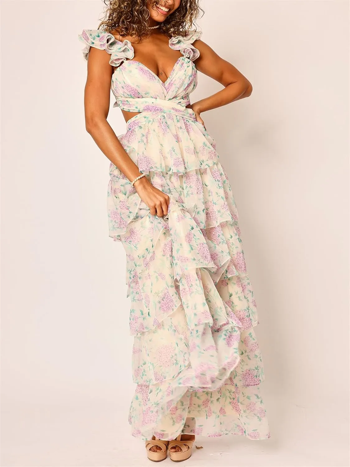 Women Y2k Boho Floral Maxi Dress Sleeveless Ruffle Ruched Backless Tie Tiered Flowy Long Sundress Summer Streetwear