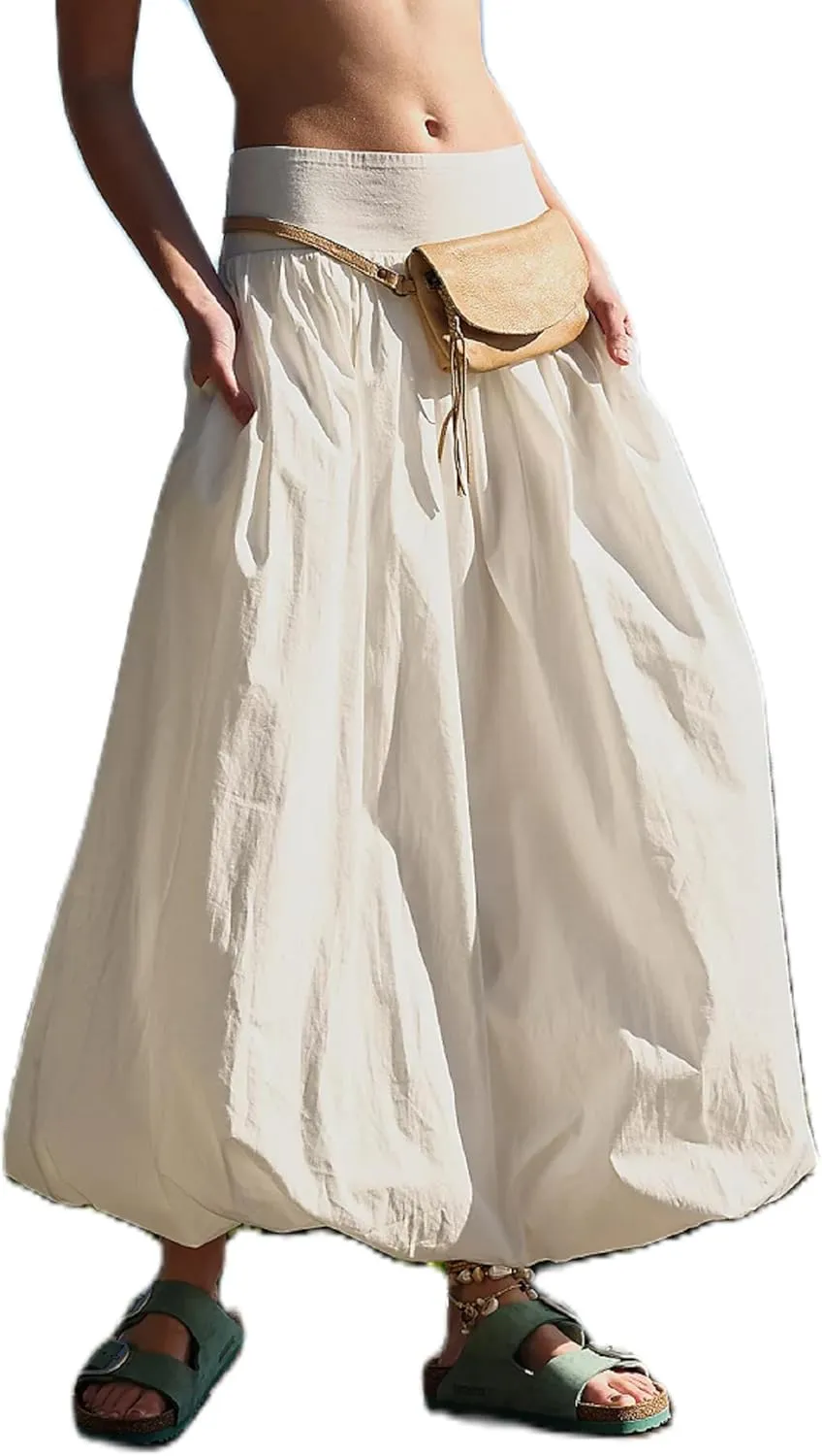 Women Y2k Bubble Maxi Skirt Elastic Low Waist Casual Aline Flowy Long Skirts Plead Ruffle Balloon Midi Skirt Streetwear