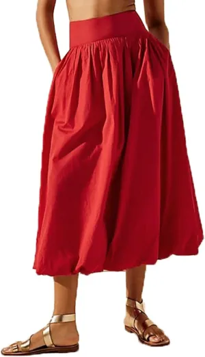 Women Y2k Bubble Maxi Skirt Elastic Low Waist Casual Aline Flowy Long Skirts Plead Ruffle Balloon Midi Skirt Streetwear