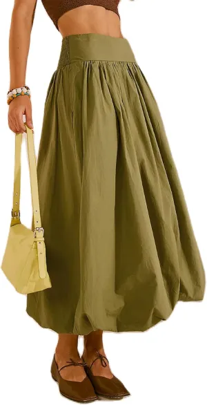 Women Y2k Bubble Maxi Skirt Elastic Low Waist Casual Aline Flowy Long Skirts Plead Ruffle Balloon Midi Skirt Streetwear