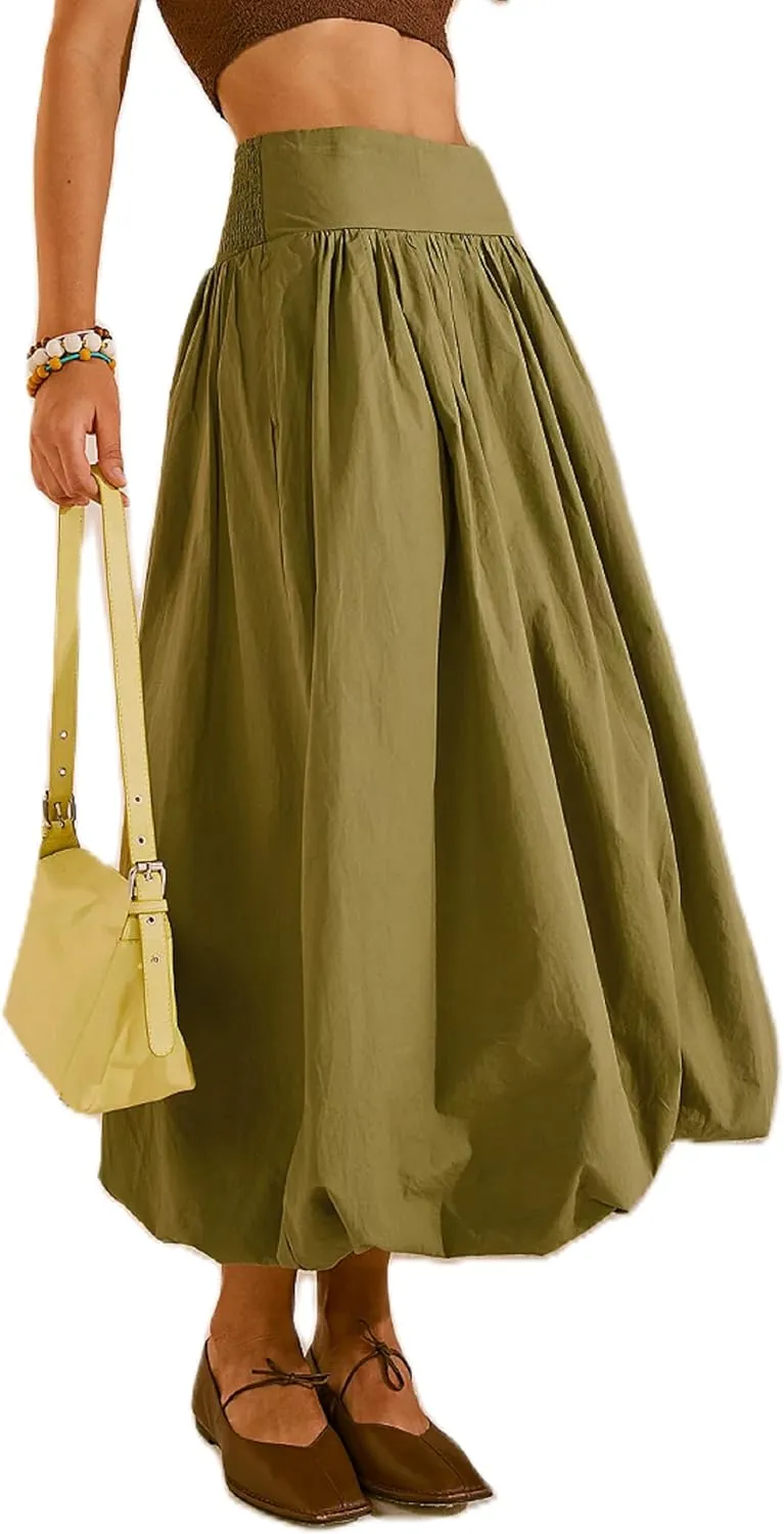 Women Y2k Bubble Maxi Skirt Elastic Low Waist Casual Aline Flowy Long Skirts Plead Ruffle Balloon Midi Skirt Streetwear