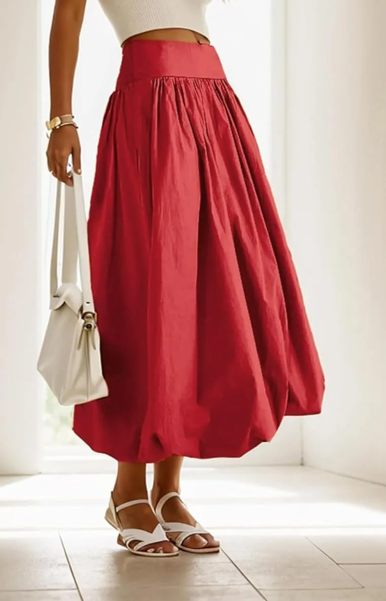 Women Y2k Bubble Maxi Skirt Elastic Low Waist Casual Aline Flowy Long Skirts Plead Ruffle Balloon Midi Skirt Streetwear