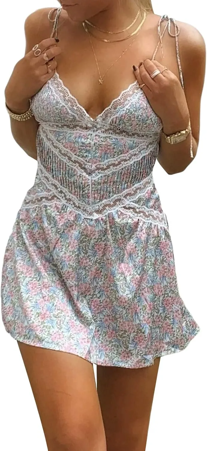 Women Y2K Floral Mini Dresses Sleeveless Low Cut Cutout Backless Dress Cute Print A-Line Party Short Dress