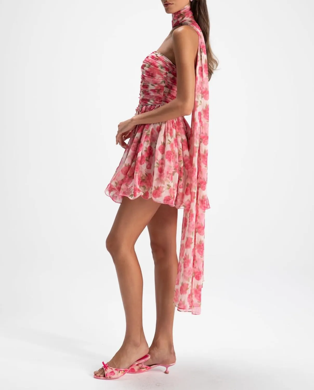 Women Y2K Pleated Strapless Mini Dress Silk Satin Ruffle Short Dress Scarf A Line Tube Dresses Beach Clubwear
