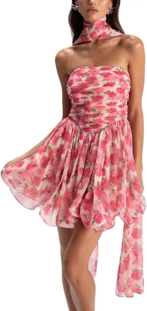 Women Y2K Pleated Strapless Mini Dress Silk Satin Ruffle Short Dress Scarf A Line Tube Dresses Beach Clubwear