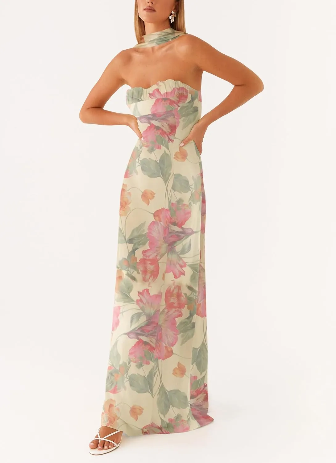Women Y2k Strapless Floral Tube Maxi Dress with Neck Scarf Backless Mesh Bodycon Long Beach Cocktail Party Sundress