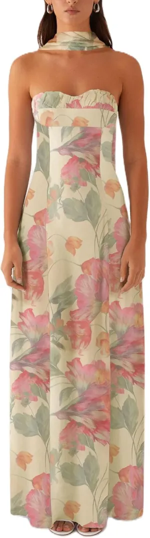 Women Y2k Strapless Floral Tube Maxi Dress with Neck Scarf Backless Mesh Bodycon Long Beach Cocktail Party Sundress