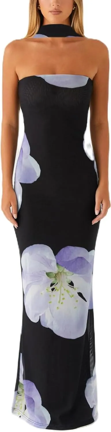 Women Y2k Strapless Floral Tube Maxi Dress with Neck Scarf Backless Mesh Bodycon Long Beach Cocktail Party Sundress