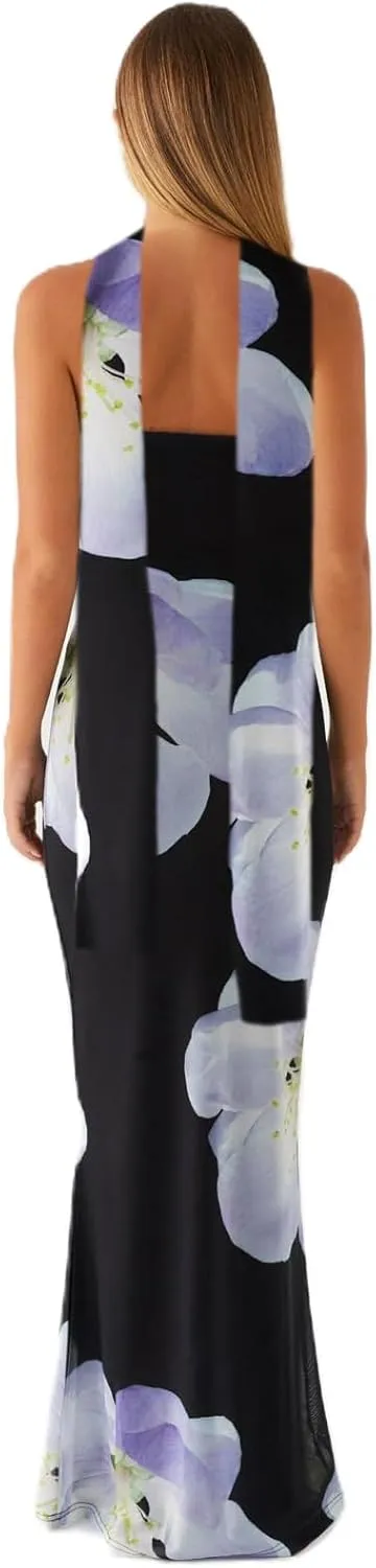 Women Y2k Strapless Floral Tube Maxi Dress with Neck Scarf Backless Mesh Bodycon Long Beach Cocktail Party Sundress