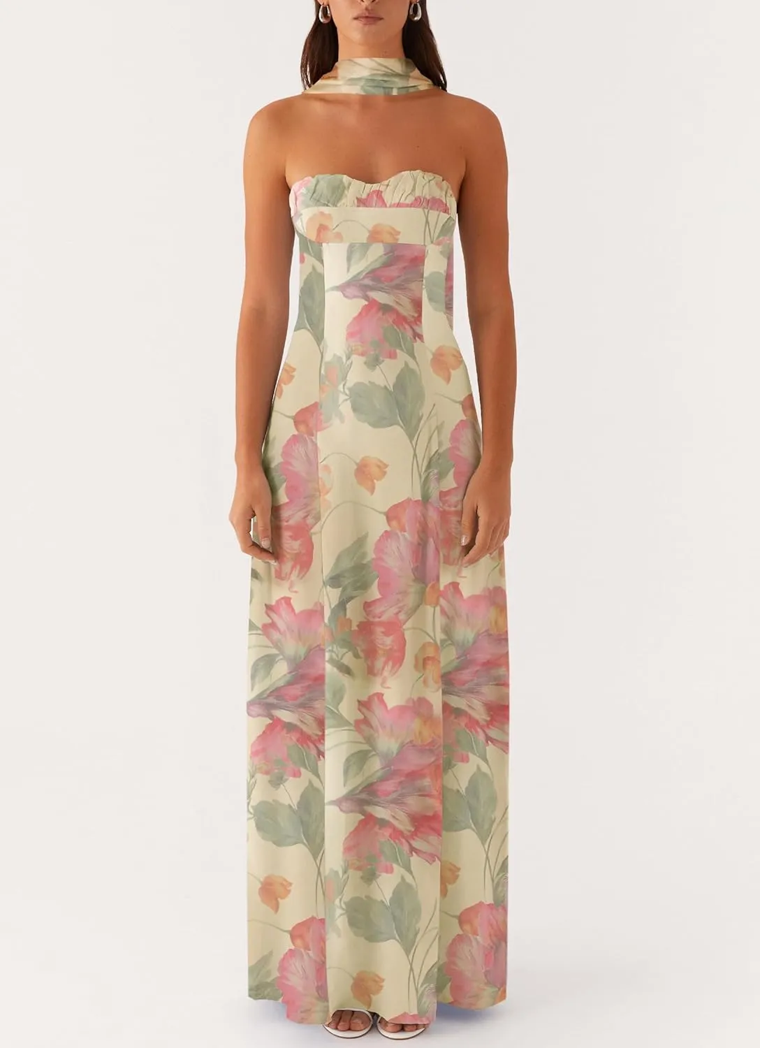 Women Y2k Strapless Floral Tube Maxi Dress with Neck Scarf Backless Mesh Bodycon Long Beach Cocktail Party Sundress