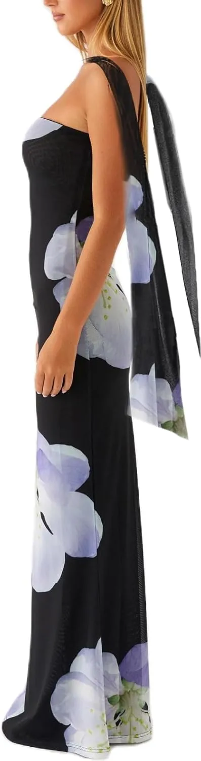 Women Y2k Strapless Floral Tube Maxi Dress with Neck Scarf Backless Mesh Bodycon Long Beach Cocktail Party Sundress