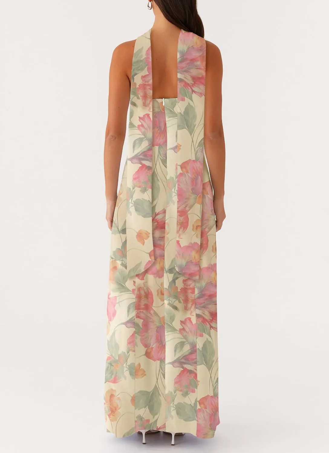 Women Y2k Strapless Floral Tube Maxi Dress with Neck Scarf Backless Mesh Bodycon Long Beach Cocktail Party Sundress