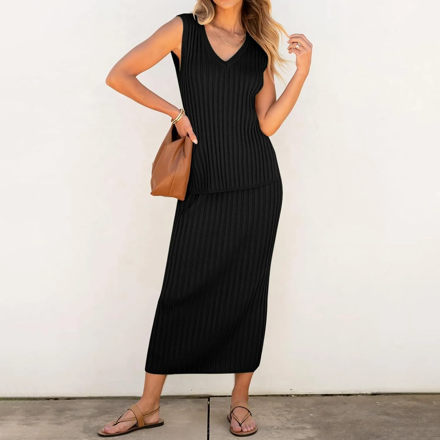 Women's 2 Piece Sweater Skirt Sets Sleeveless V Neck Knit Ribbed Vest Tops Midi Skirt Plus Size Skirt