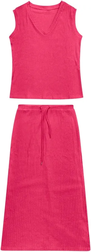 Women's 2 Piece Sweater Skirt Sets Sleeveless V Neck Knit Ribbed Vest Tops Midi Skirt Plus Size Skirt