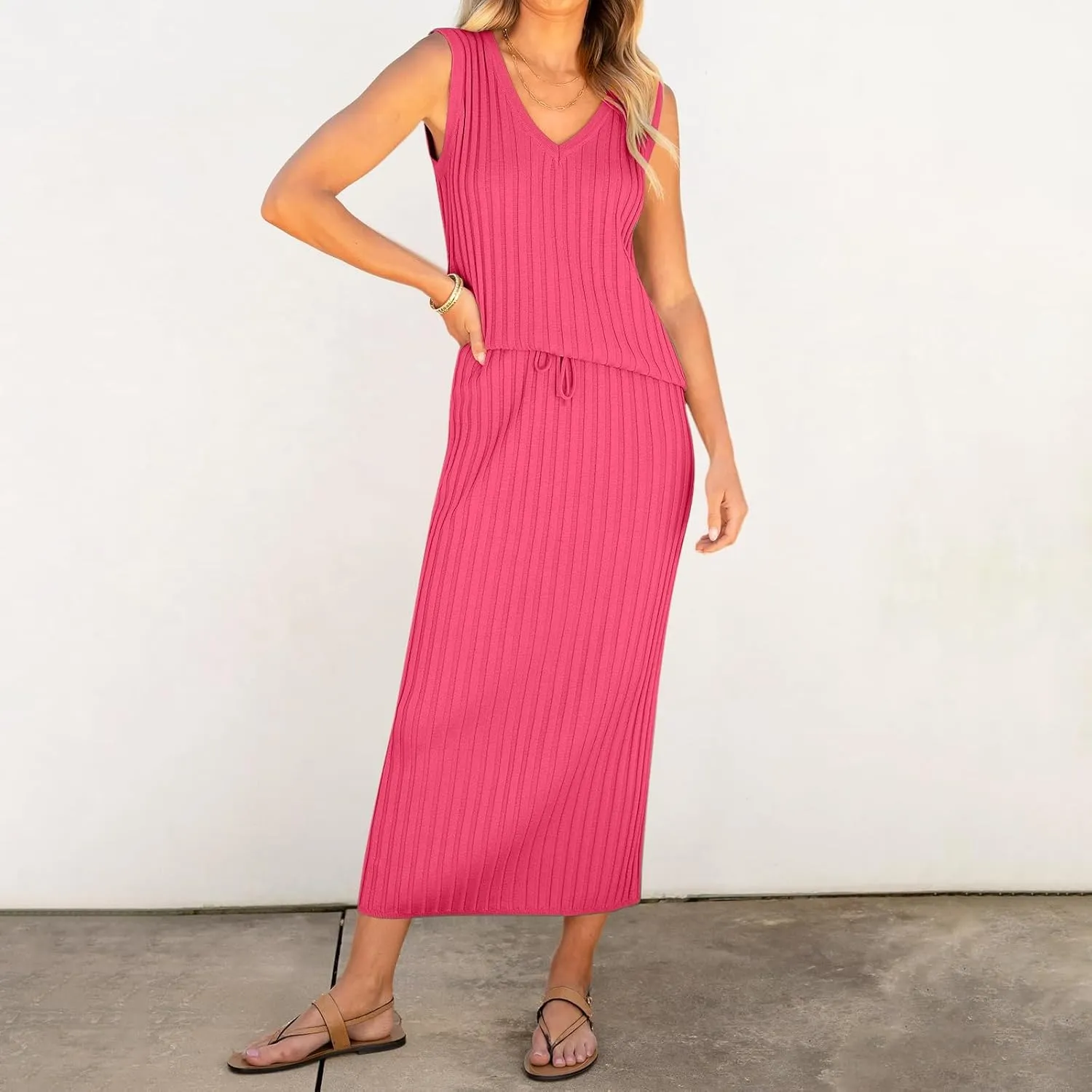 Women's 2 Piece Sweater Skirt Sets Sleeveless V Neck Knit Ribbed Vest Tops Midi Skirt Plus Size Skirt