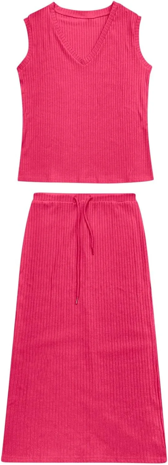 Women's 2 Piece Sweater Skirt Sets Sleeveless V Neck Knit Ribbed Vest Tops Midi Skirt Plus Size Skirt