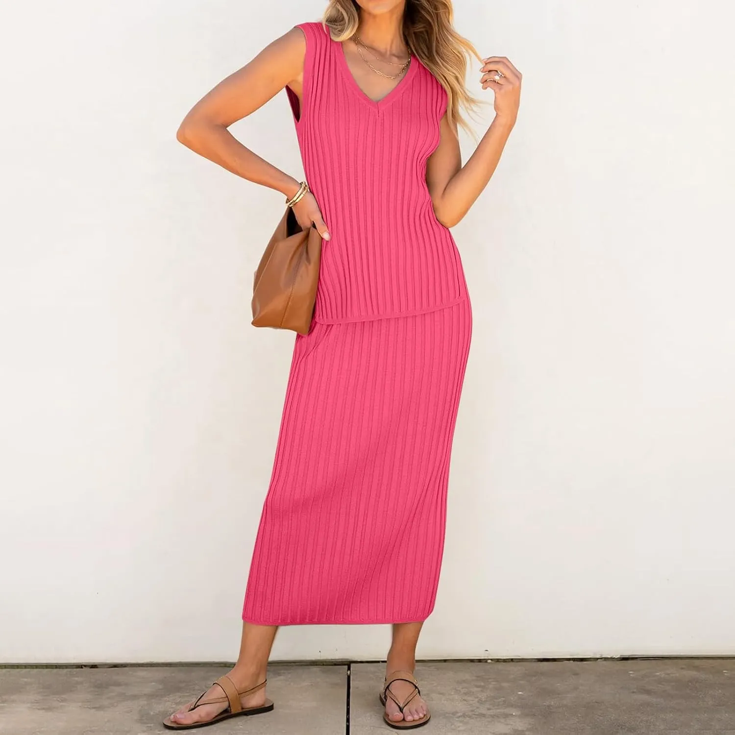 Women's 2 Piece Sweater Skirt Sets Sleeveless V Neck Knit Ribbed Vest Tops Midi Skirt Plus Size Skirt