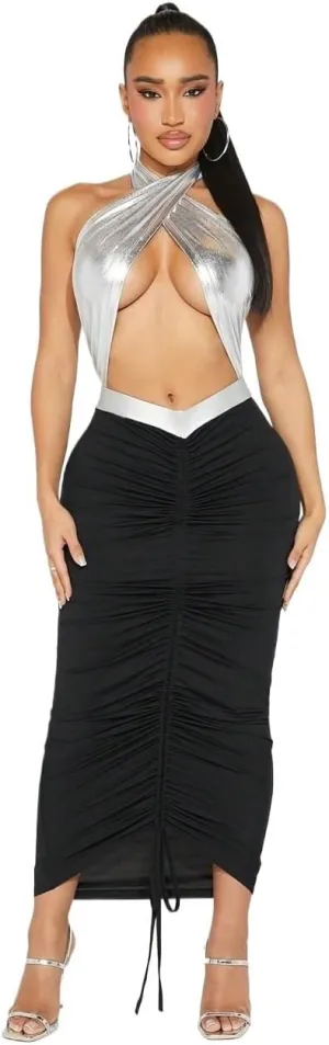Women's 2024 Midi Long Bodycon Skirt Colorblock Drawstring Waist Pleated Midi Skirt