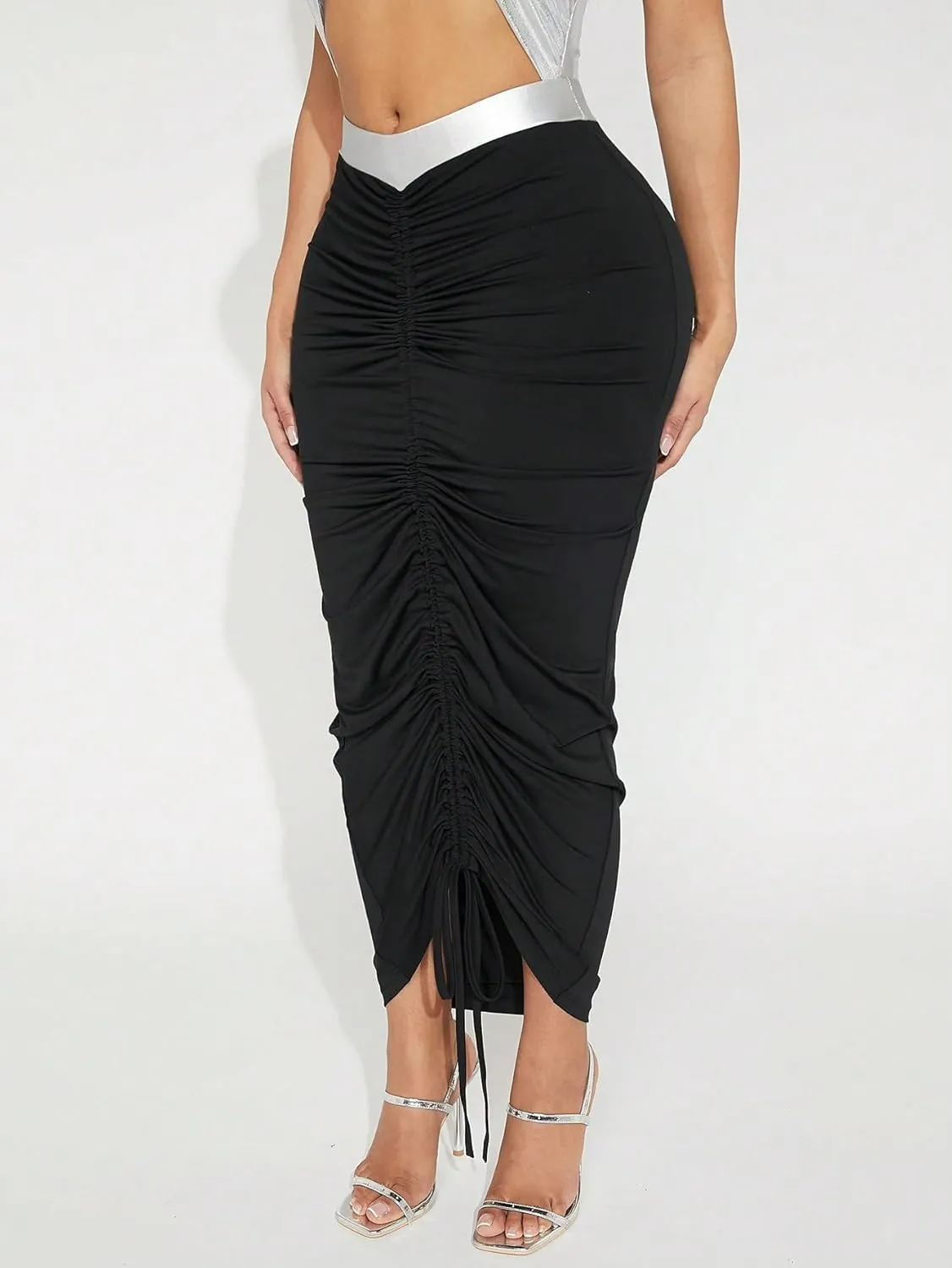 Women's 2024 Midi Long Bodycon Skirt Colorblock Drawstring Waist Pleated Midi Skirt