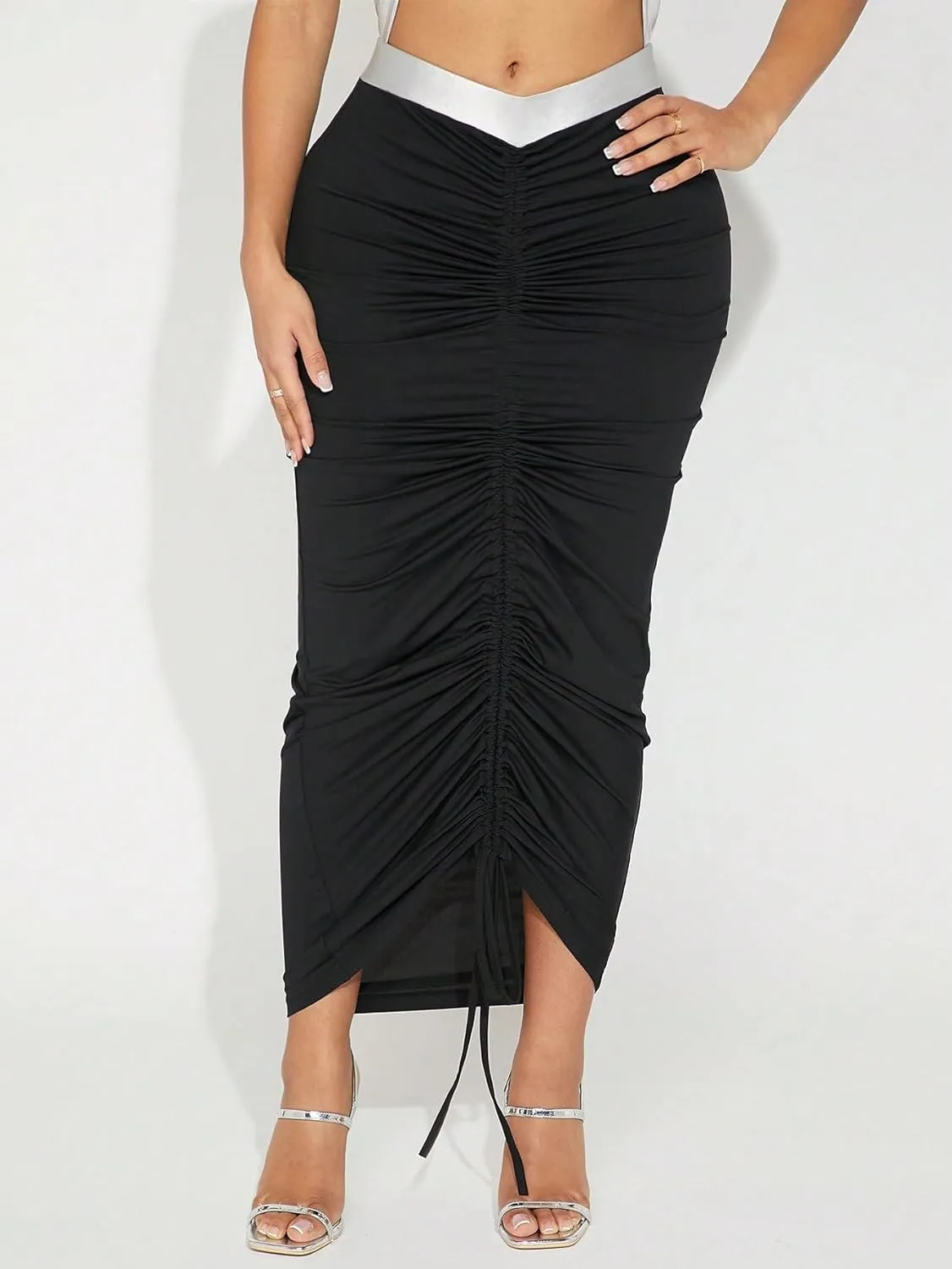 Women's 2024 Midi Long Bodycon Skirt Colorblock Drawstring Waist Pleated Midi Skirt