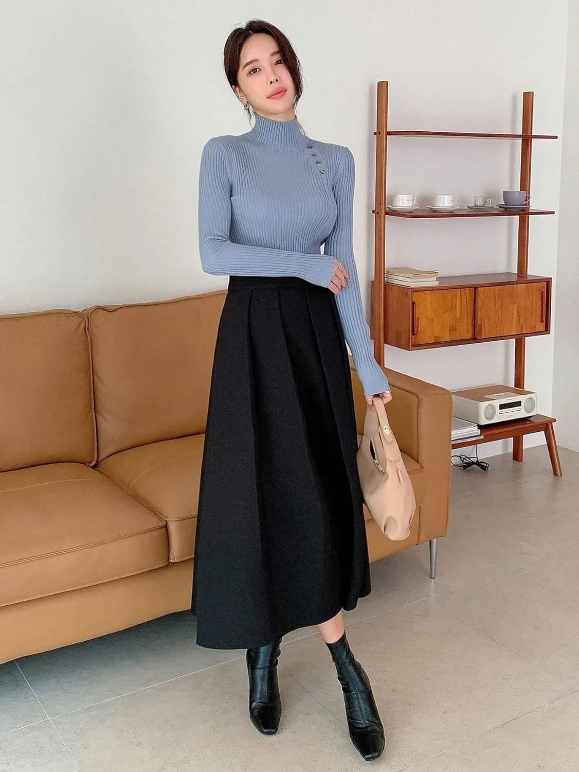 Women's 2024 Midi Long Bodycon Skirt High Waist Fold Pleated Skirt