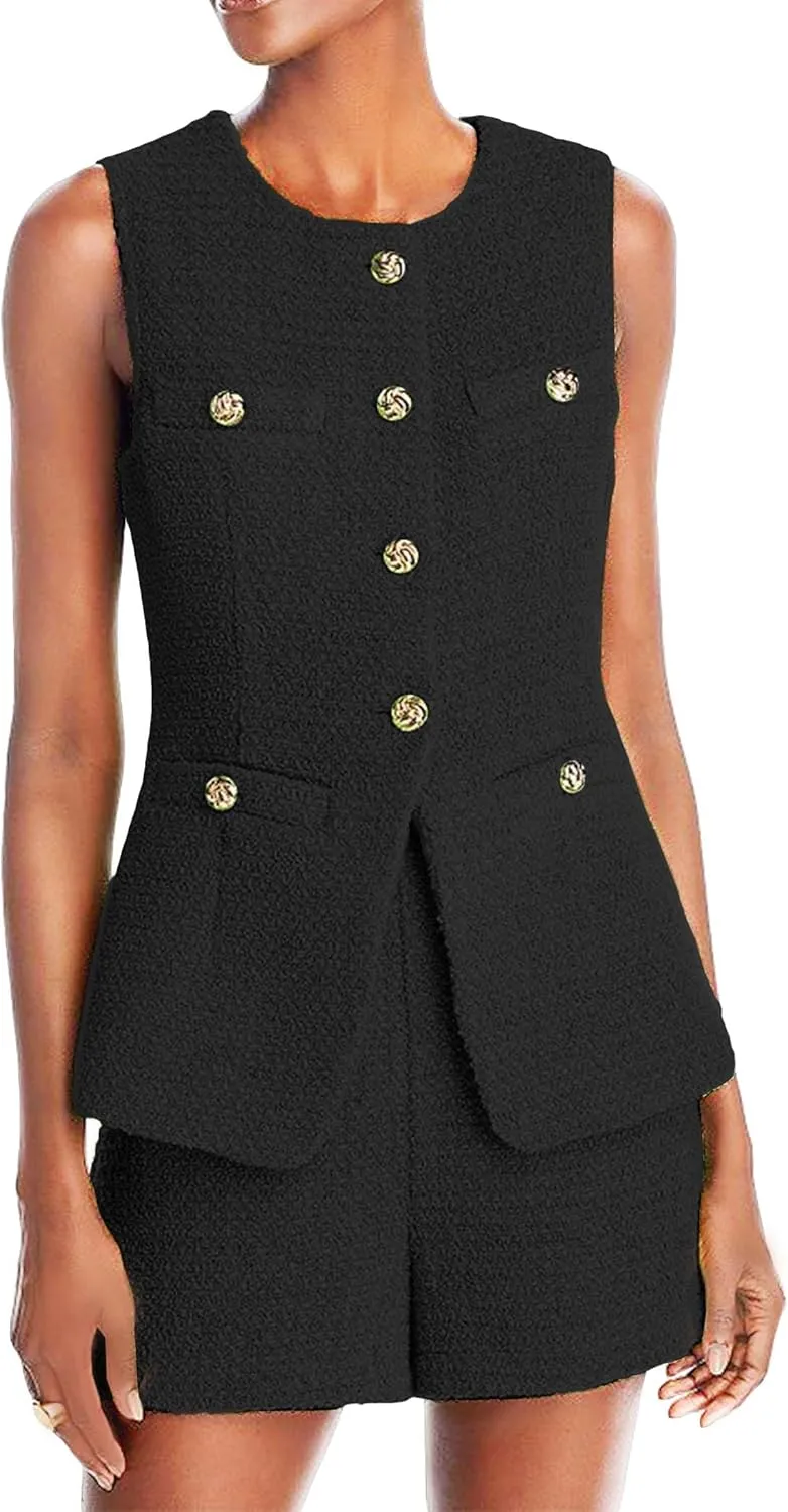 Women's 2025 Summer Tweed Vest Tops Y2K Long Sleeveless Lightweight Fashion Fully-Lined Elegant Casual with Pockets