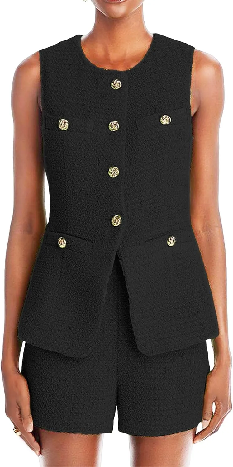 Women's 2025 Summer Tweed Vest Tops Y2K Long Sleeveless Lightweight Fashion Fully-Lined Elegant Casual with Pockets