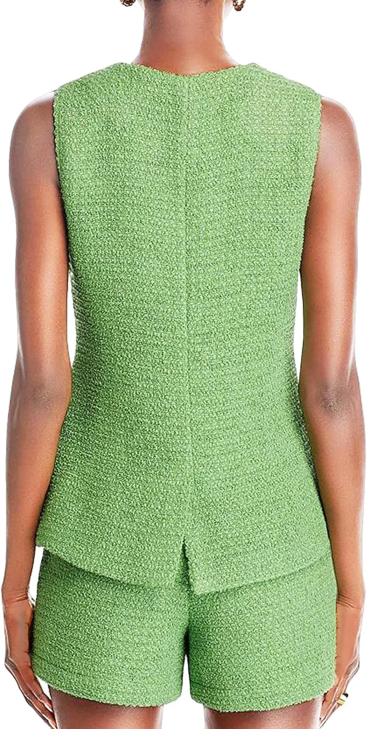 Women's 2025 Summer Tweed Vest Tops Y2K Long Sleeveless Lightweight Fashion Fully-Lined Elegant Casual with Pockets