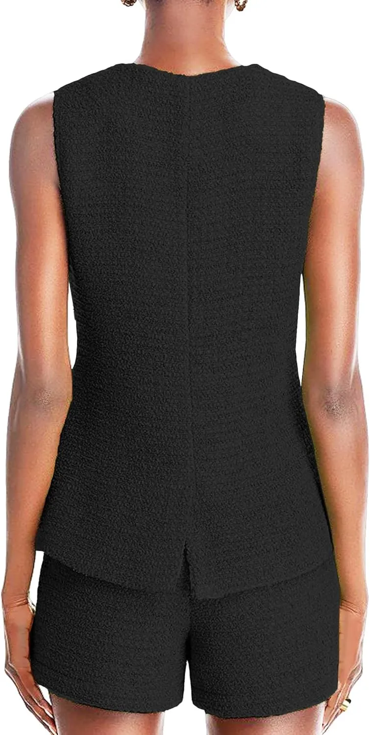 Women's 2025 Summer Tweed Vest Tops Y2K Long Sleeveless Lightweight Fashion Fully-Lined Elegant Casual with Pockets