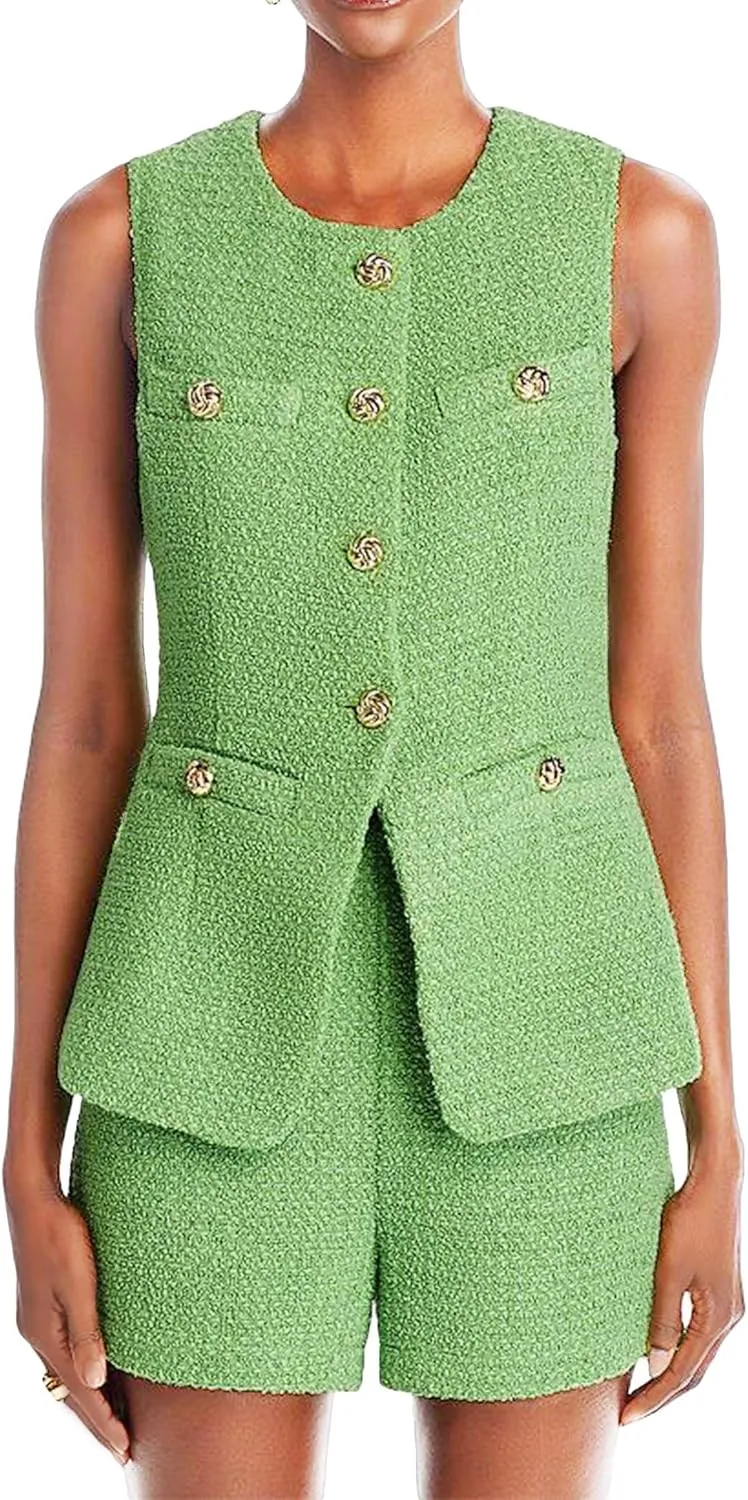 Women's 2025 Summer Tweed Vest Tops Y2K Long Sleeveless Lightweight Fashion Fully-Lined Elegant Casual with Pockets