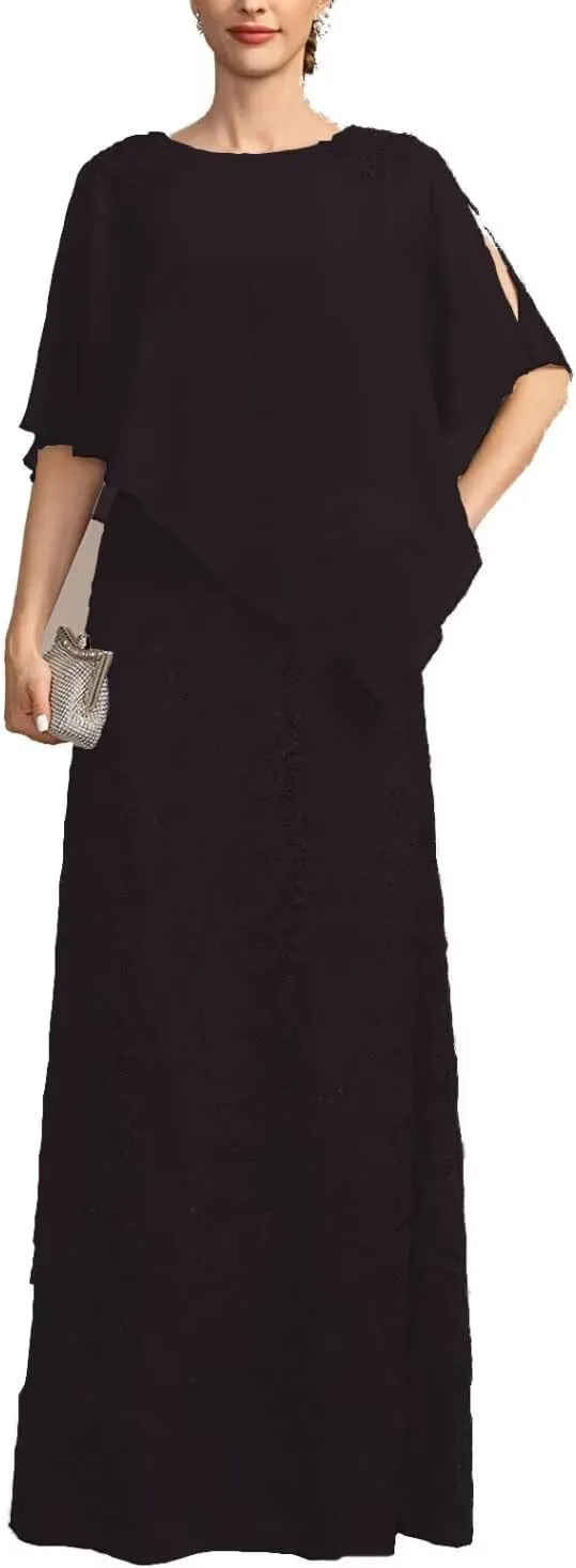 Women's 2Pcs Lace Chiffon Mother of The Bride Dress Cape Floor Length Formal Evening Gown with Jacket