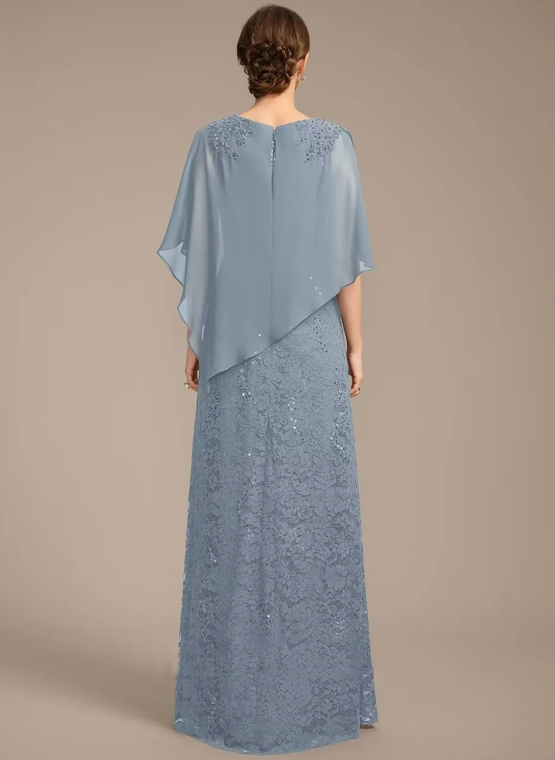 Women's 2Pcs Lace Chiffon Mother of The Bride Dress Cape Floor Length Formal Evening Gown with Jacket