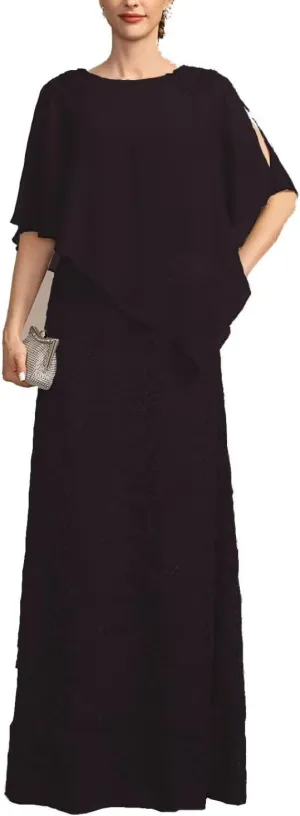 Women's 2Pcs Lace Chiffon Mother of The Bride Dress Cape Floor Length Formal Evening Gown with Jacket