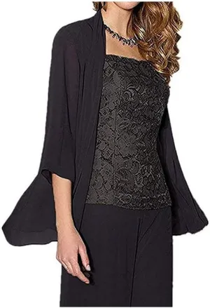 Women's 3 Pieces Chiffon Mother of The Bride Dress Pants Suits Wedding Outfit Lace Evening Dress