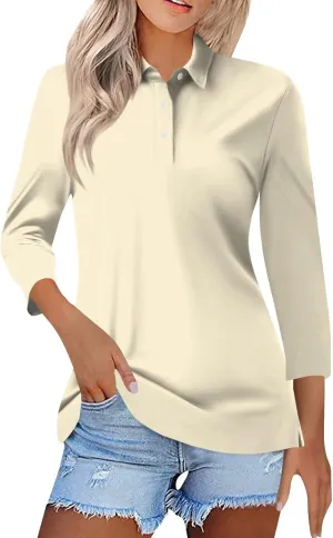 Womens 3/4 Sleeve Polo Shirts 2024 Fall Dressy Button Down Collared Blouses Solid Tunic Tops for Work Golf