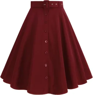 Womens A Line Flared Midi Skirt Vintage Stretch High Waisted Long Skirt Button Down Swing Skirt with Pockets and Belts