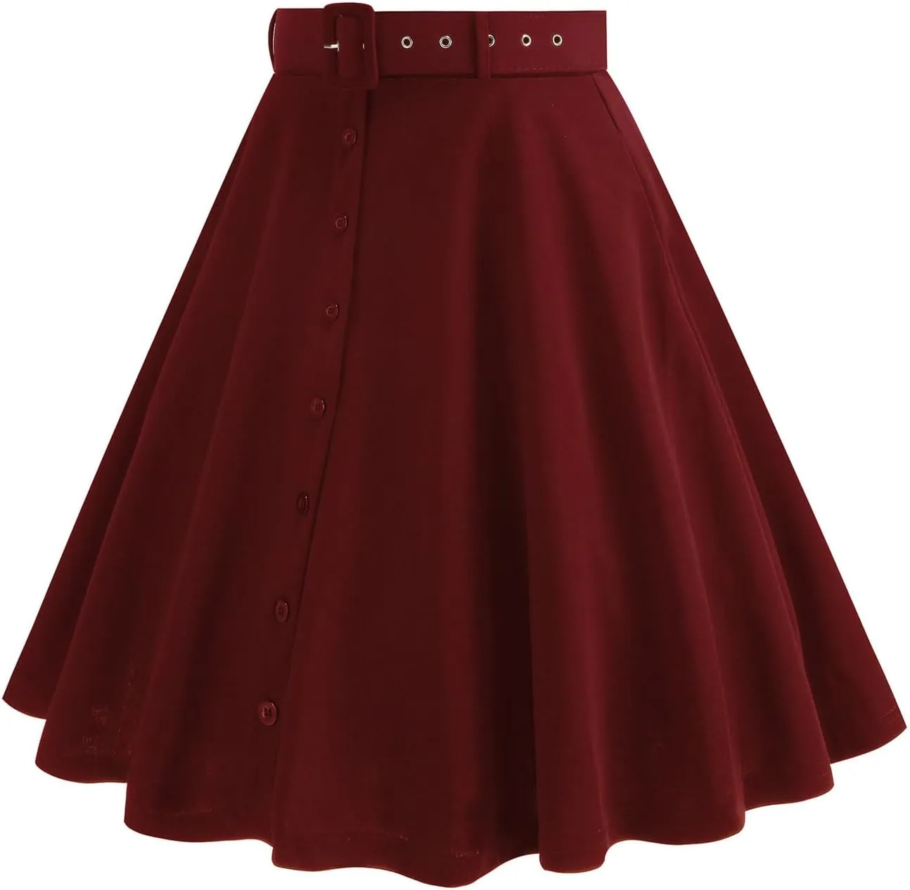 Womens A Line Flared Midi Skirt Vintage Stretch High Waisted Long Skirt Button Down Swing Skirt with Pockets and Belts