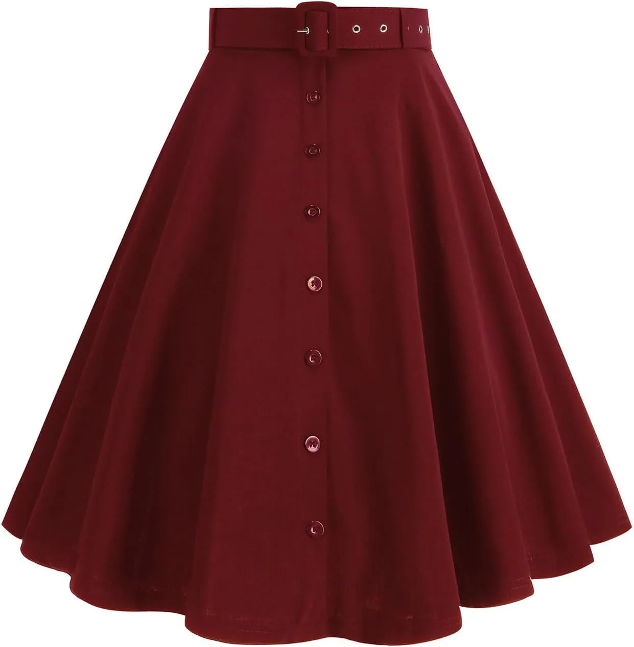 Womens A Line Flared Midi Skirt Vintage Stretch High Waisted Long Skirt Button Down Swing Skirt with Pockets and Belts