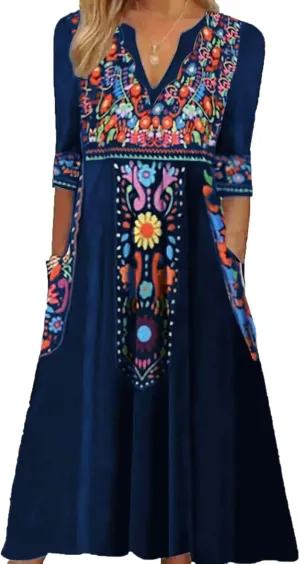 Women's Boho Floral Maxi Dress, Elegant V-Neck 3/4 Sleeve Boho Casual Dress with Pockets for Women